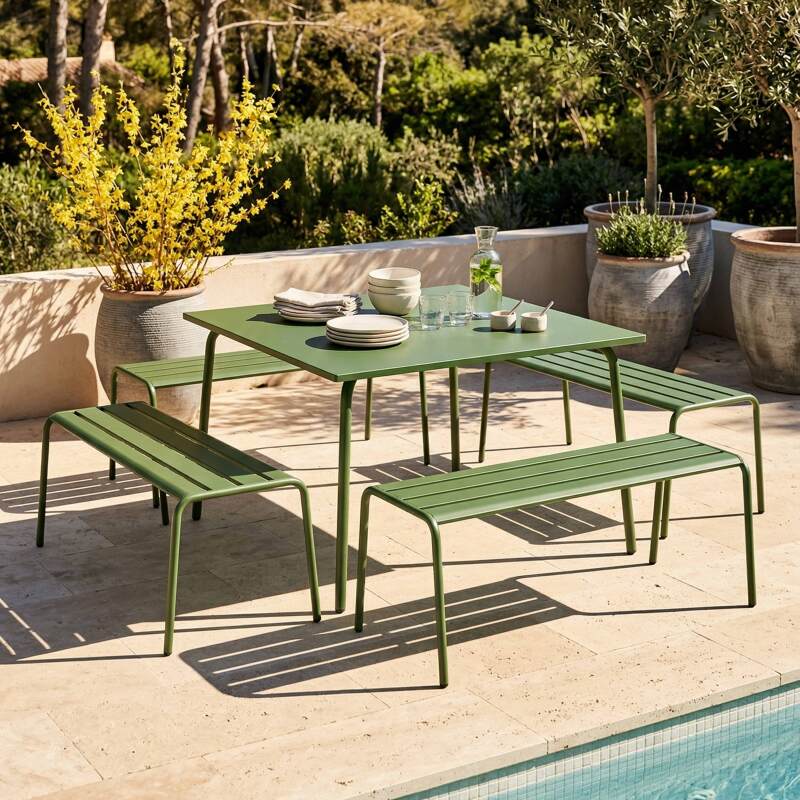 Quadratischer Gartentisch aus Metall, 120x120 cm, und 4 Bänke