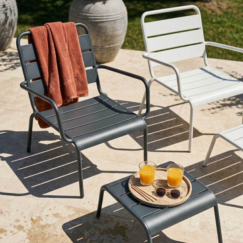 Gartensessel niedrig aus Metall und Fußstütze unpassenden - 2er-Set (2/7)