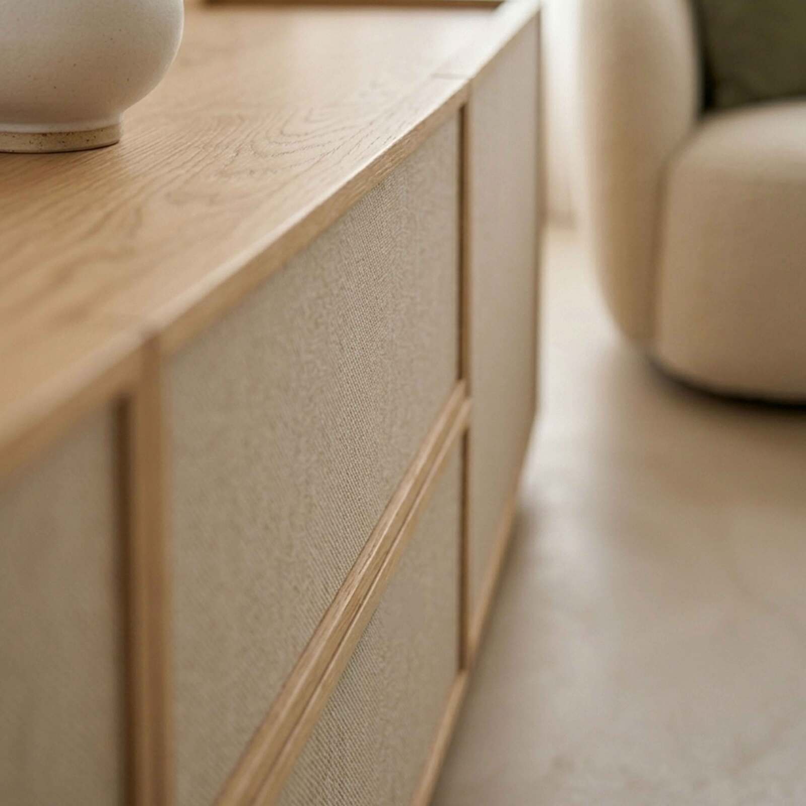 Lowboard in Holzoptik, 150 cm, mit Stoff, skandinavischer Stil