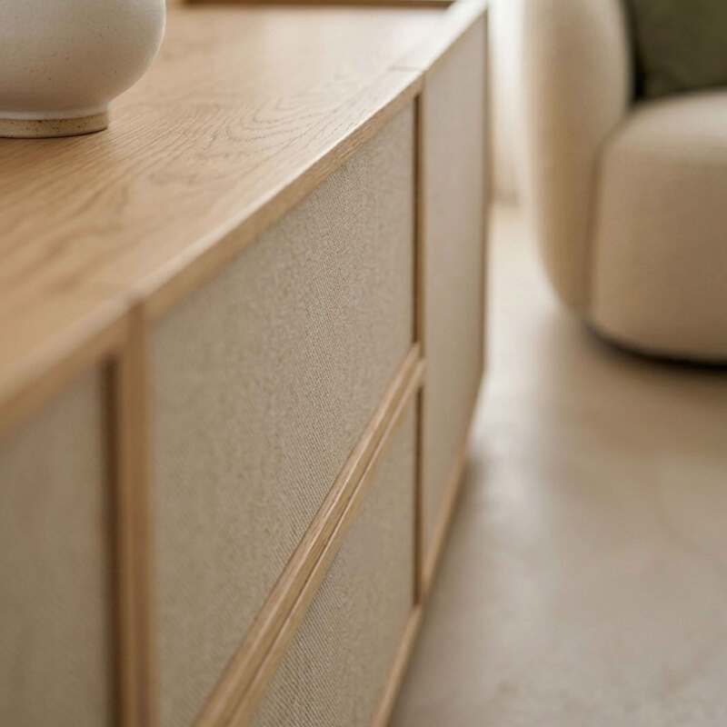 Lowboard in Holzoptik, 150 cm, mit Stoff, skandinavischer Stil (3/9)