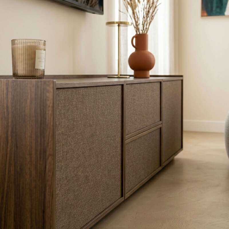 Lowboard in Holzoptik, 150 cm, mit Stoff, skandinavischer Stil (2/9)