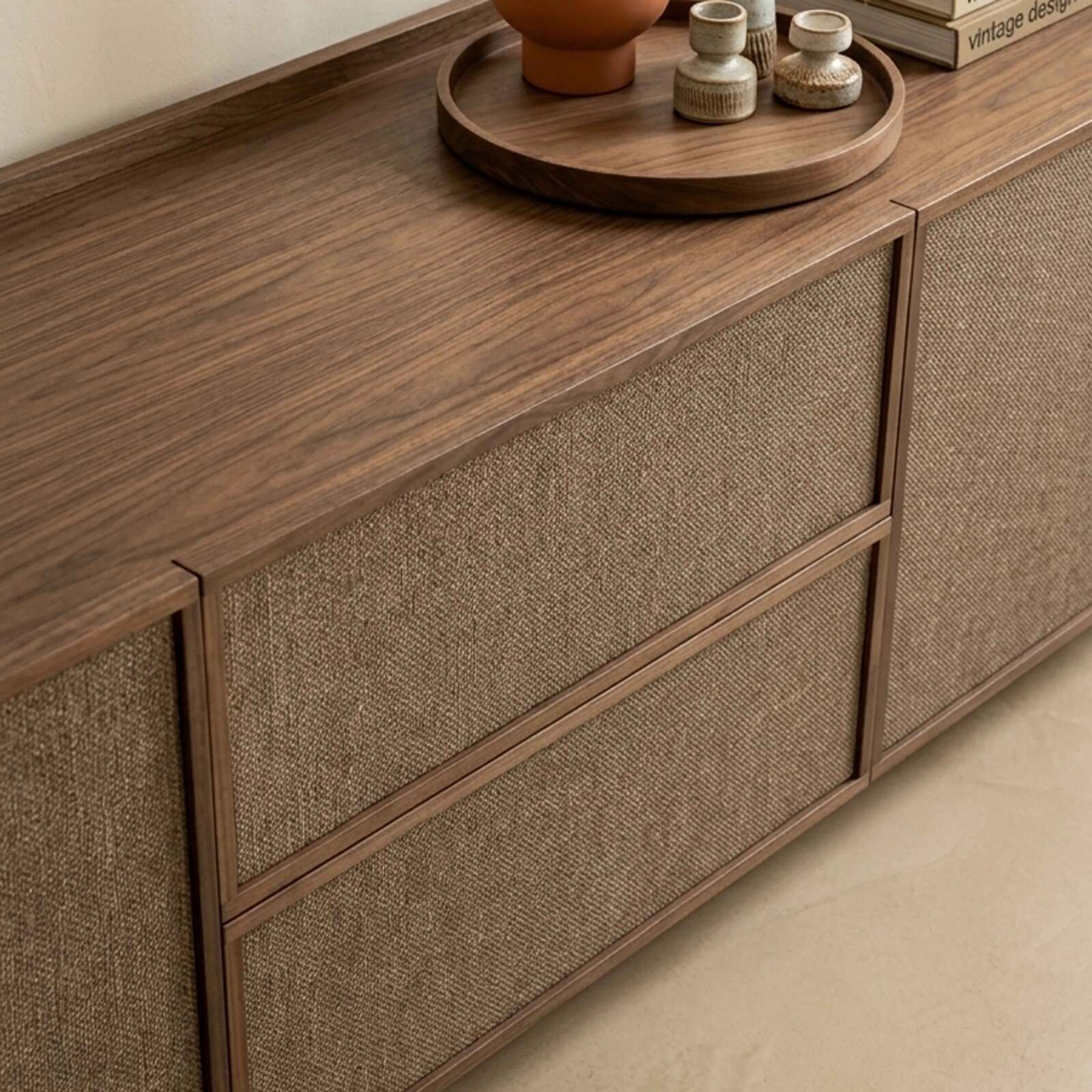 Lowboard in Holzoptik, 150 cm, mit Stoff, skandinavischer Stil