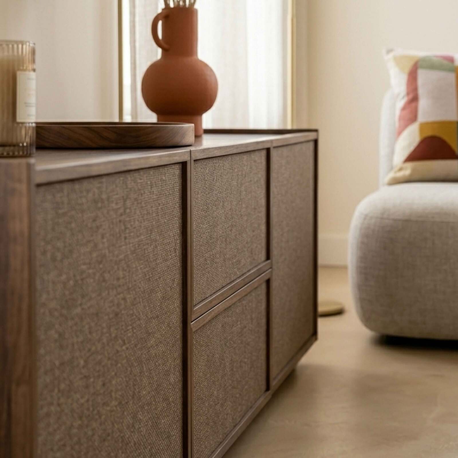 Lowboard in Holzoptik, 150 cm, mit Stoff, skandinavischer Stil