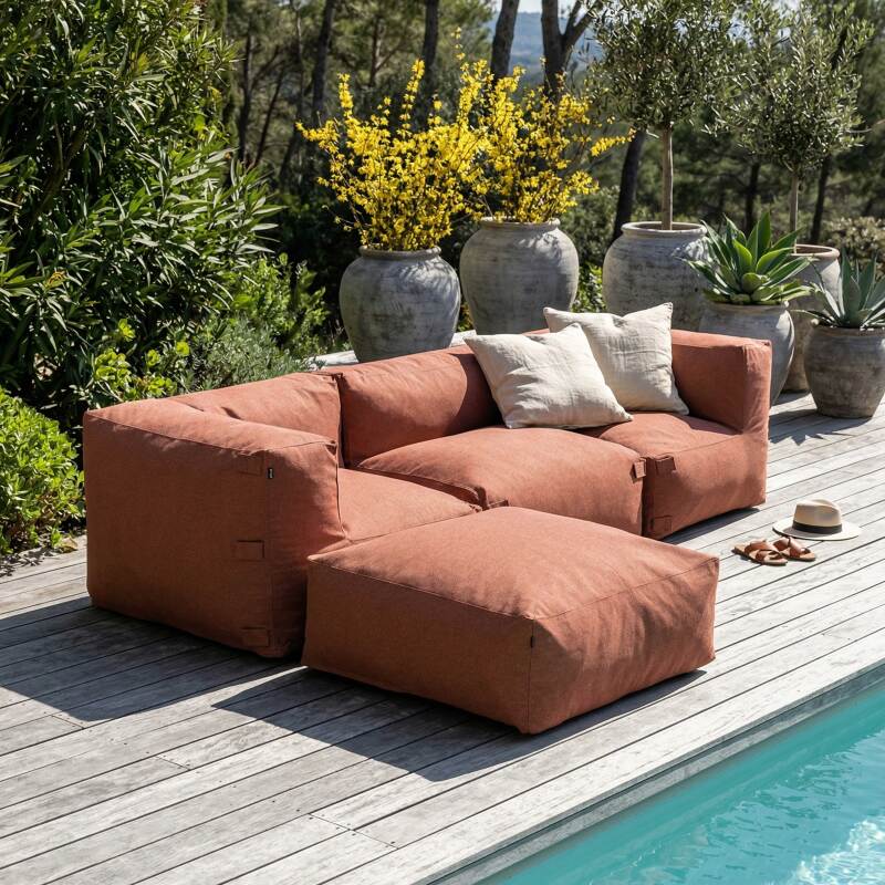 Modulare Gartenmöbel für 4 Personen bestehend aus 1 Sessel, 2 Ecksesseln und 1 Sitzsack