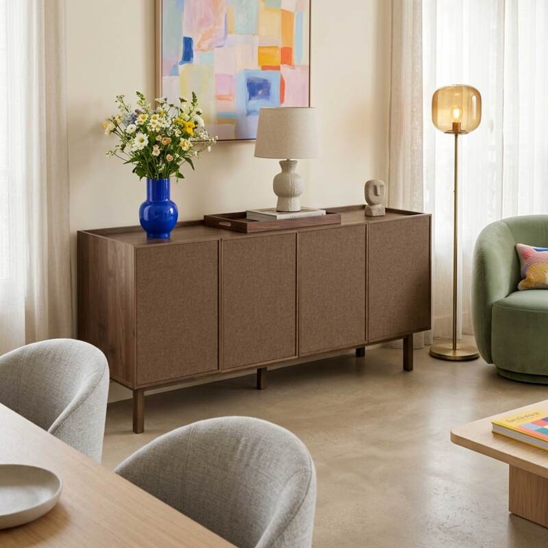 Sideboard in Holzoptik und Stoff, 4 Türen, 180 cm, skandinavischer Stil (7/8)