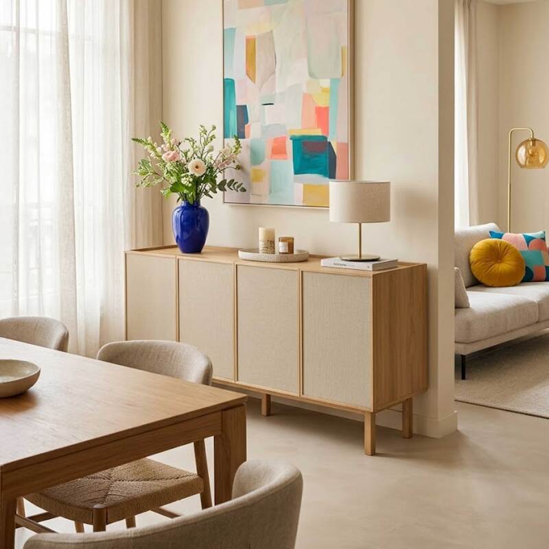 Sideboard in Holzoptik und Stoff, 4 Türen, 180 cm, skandinavischer Stil (8/9)