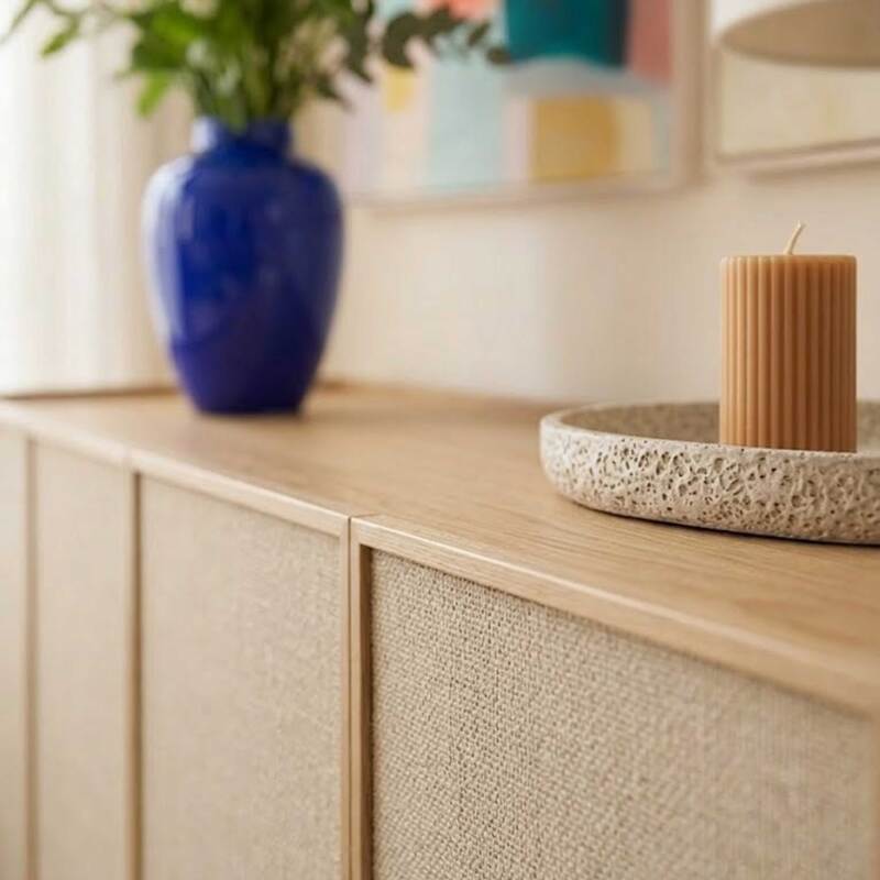 Sideboard in Holzoptik und Stoff, 4 Türen, 180 cm, skandinavischer Stil (3/9)