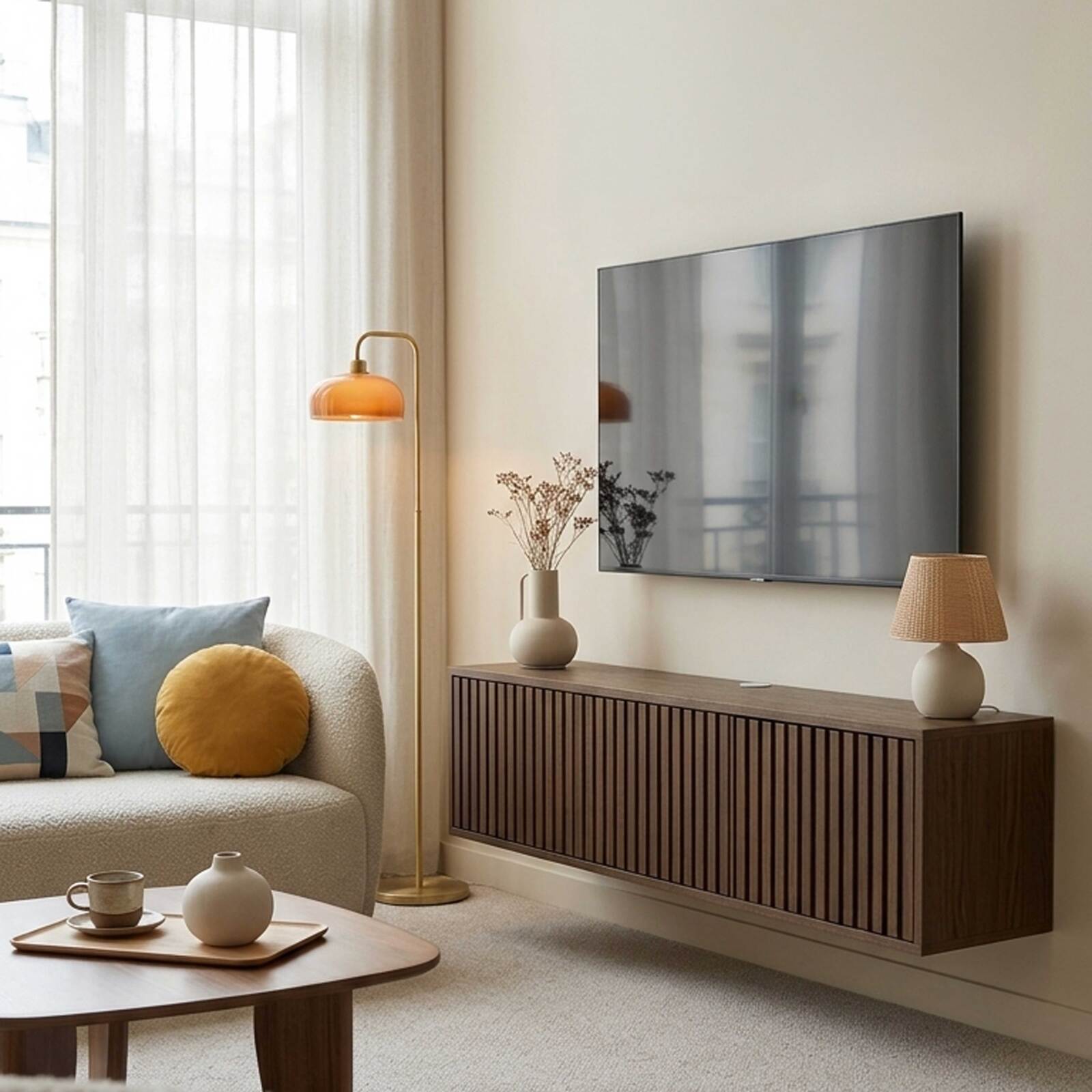 Hängendes Lowboard aus heller Holzoptik, 120 cm, skandinavischer Stil