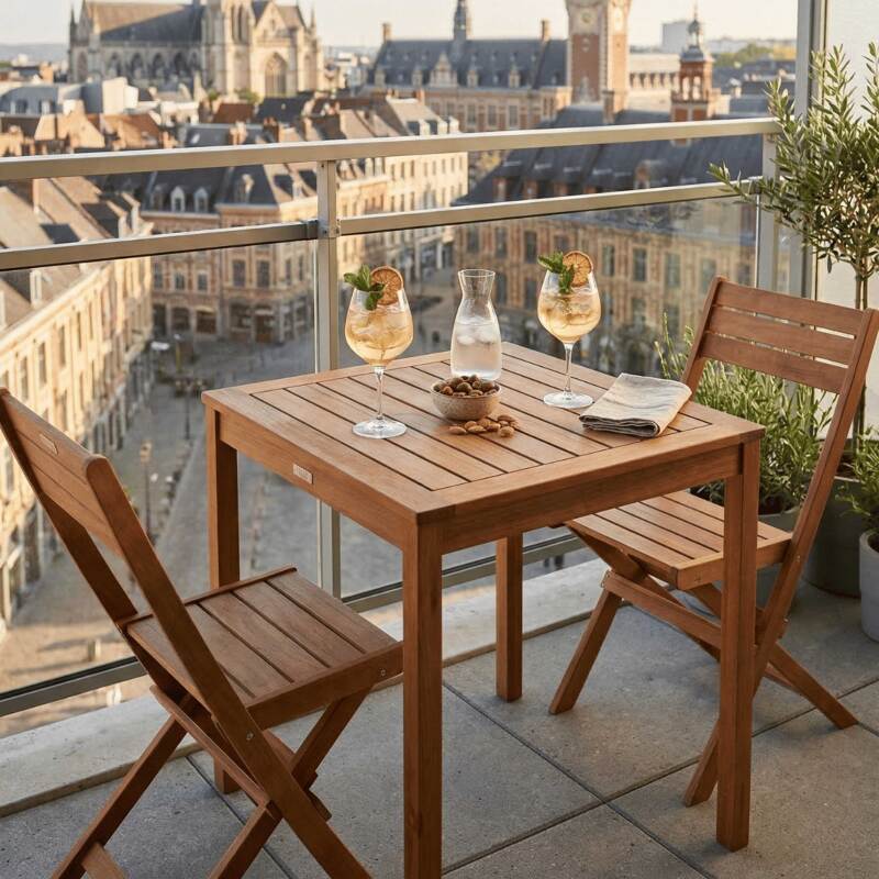 Quadratischer Gartentisch aus Eukalyptusholz, 70x70 cm, und 2 Stühle klappbar - Lifestyle