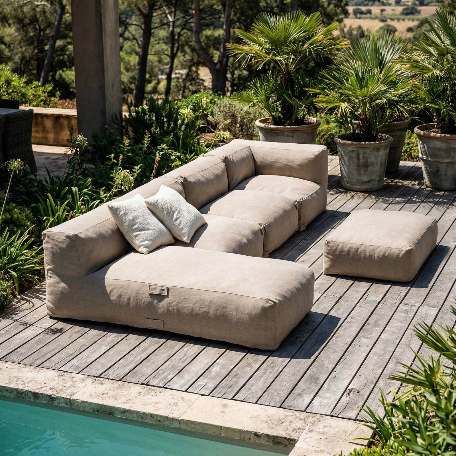 Modulare Gartenmöbel für 5 Personen bestehend aus 2 Kaminstühlen, 1 Ecksessel, 1 Chaiselongue und 1 Sitzsack