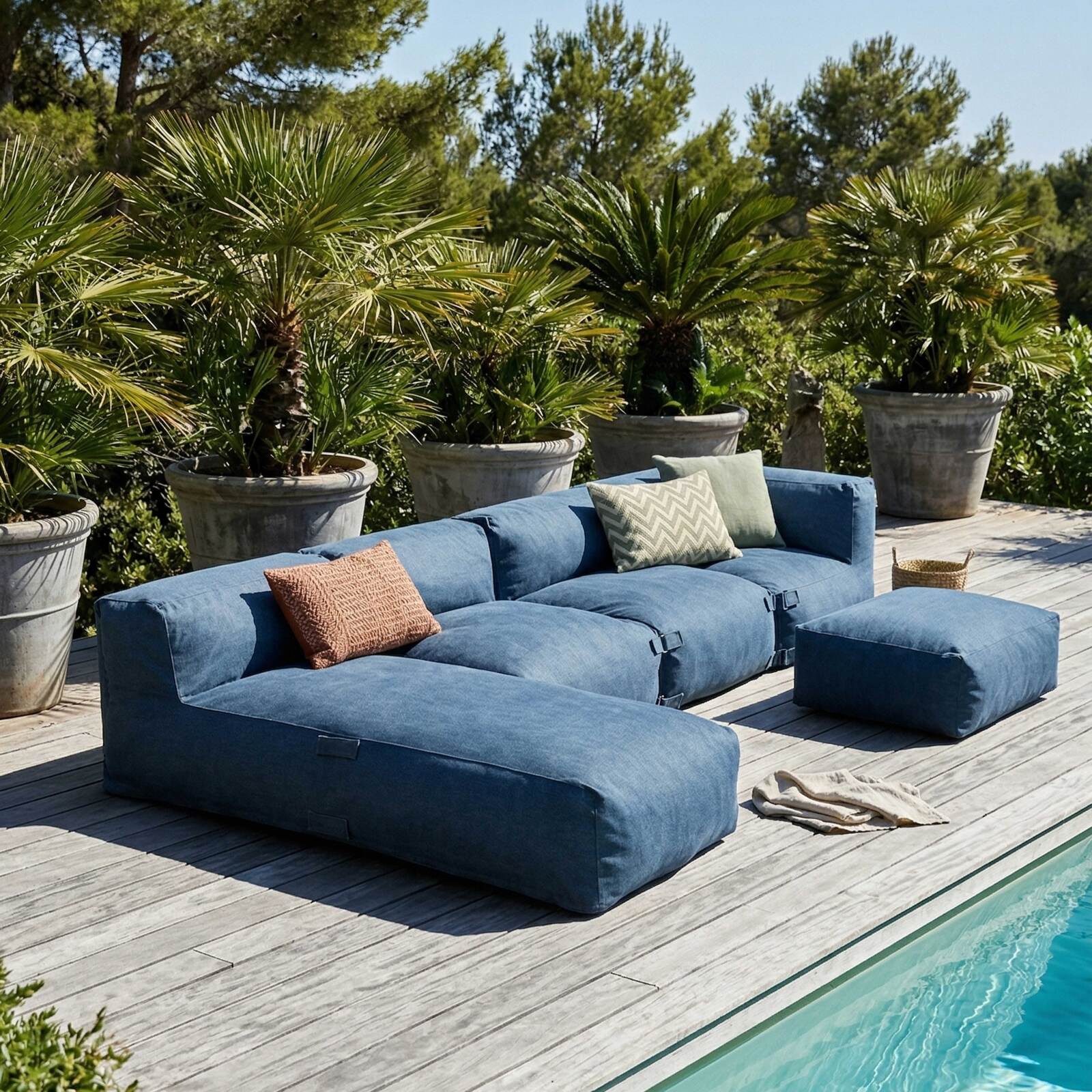 Modulare Gartenmöbel für 5 Personen bestehend aus 2 Kaminstühlen, 1 Ecksessel, 1 Chaiselongue und 1 Sitzsack