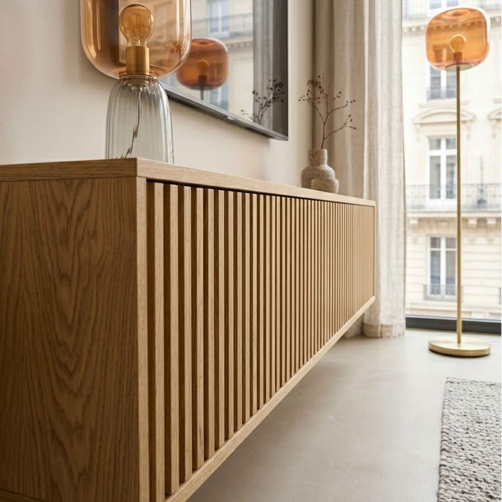 Hängendes Lowboard aus heller Holzoptik, 160 cm, skandinavischer Stil