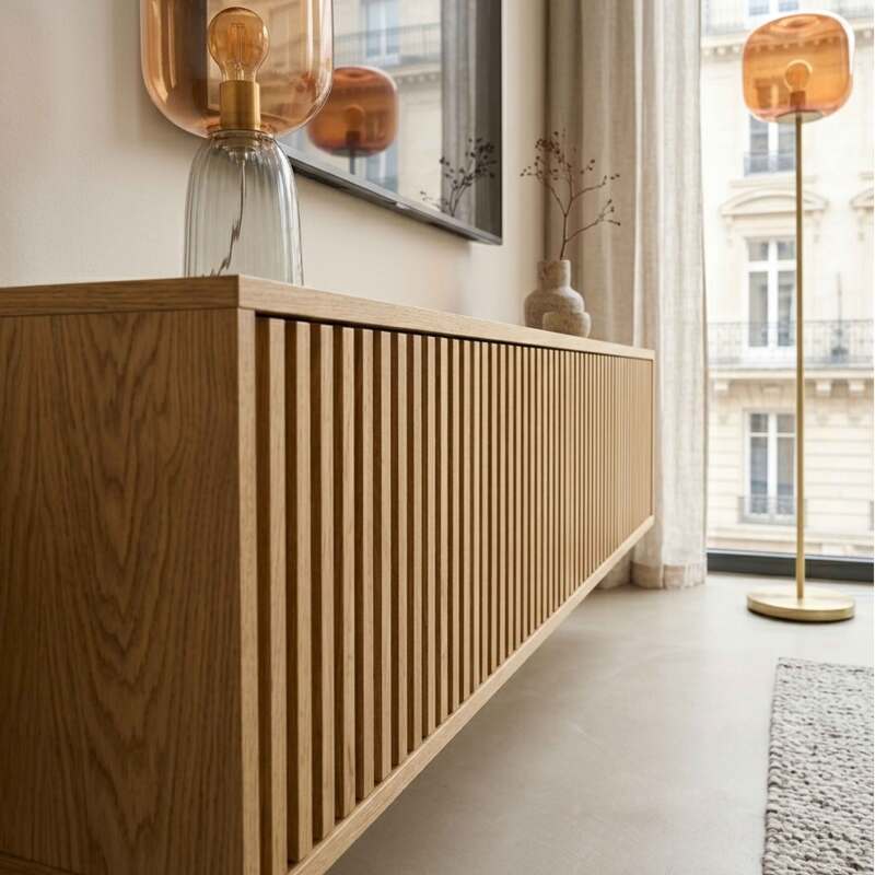 Hängendes Lowboard aus heller Holzoptik, 160 cm, skandinavischer Stil (3/9)