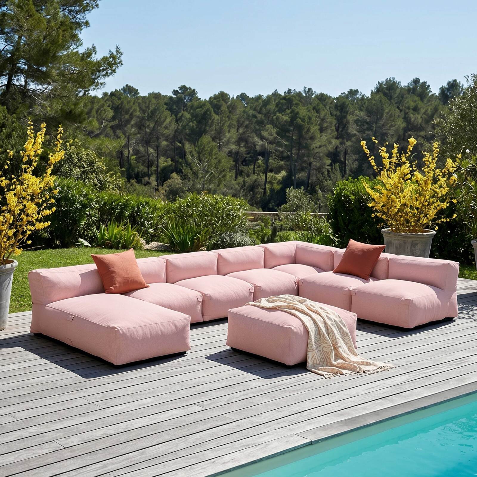 Modulare Gartenmöbel für 7 Personen bestehend aus 5 Kaminstühlen, 1 Ecksessel, 1 Chaiselongue und 1 Sitzsack