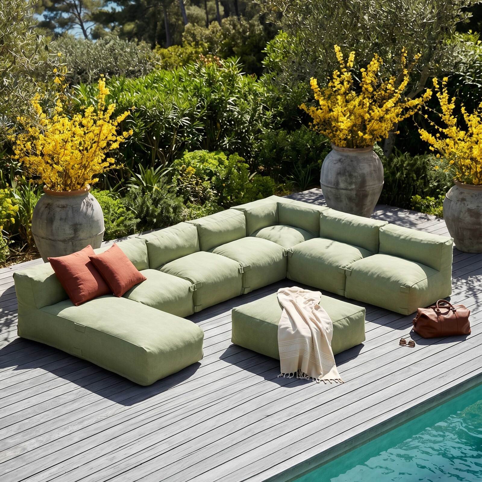 Modulare Gartenmöbel für 7 Personen bestehend aus 5 Kaminstühlen, 1 Ecksessel, 1 Chaiselongue und 1 Sitzsack