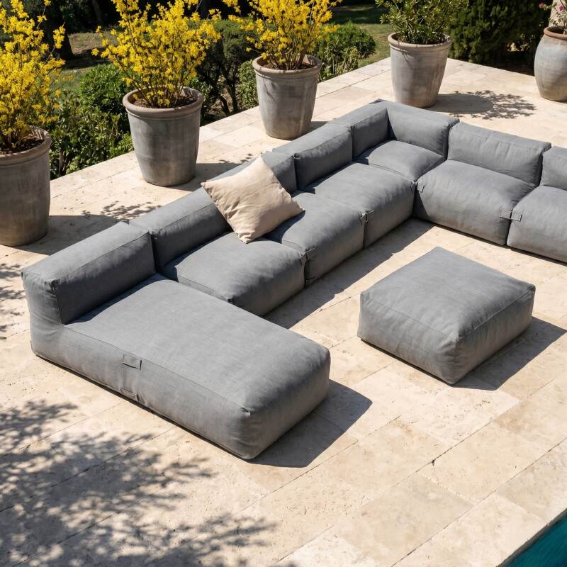 Modulare Gartenmöbel für 7 Personen bestehend aus 5 Kaminstühlen, 1 Ecksessel, 1 Chaiselongue und 1 Sitzsack (2/8)