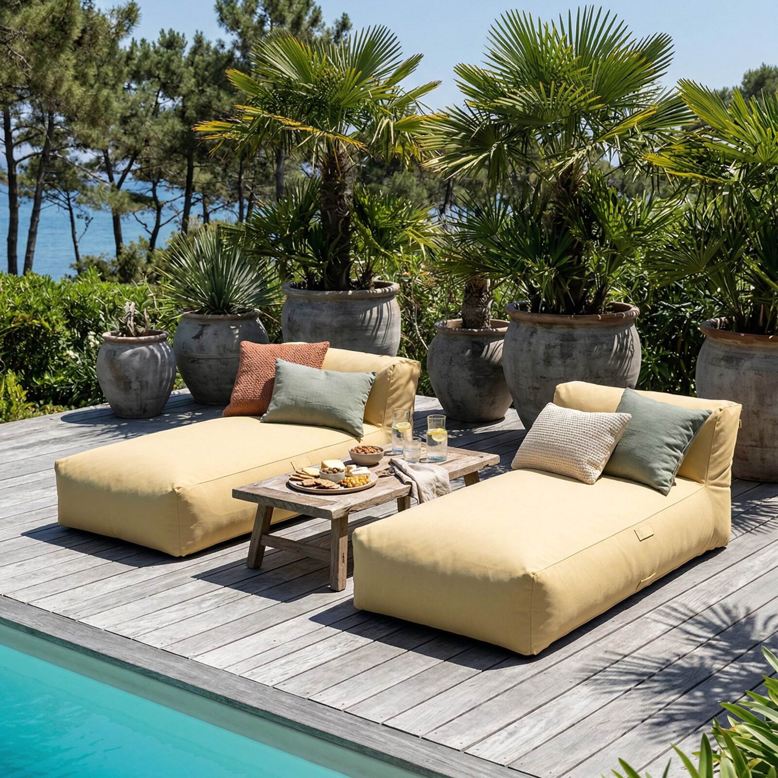 Modulare Gartenmöbel für 2 Personen bestehend aus 2 Chaiselongues