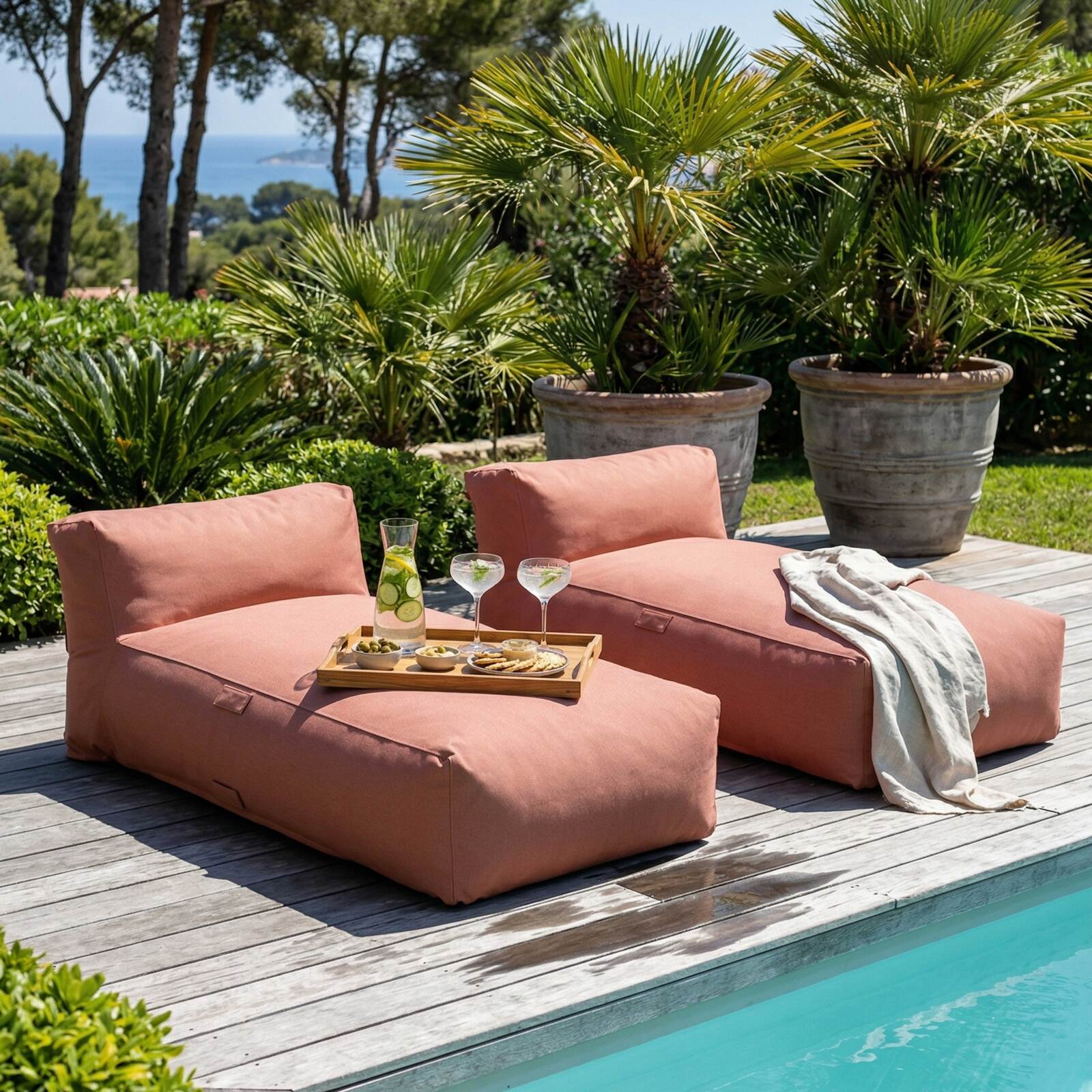Modulare Gartenmöbel für 2 Personen bestehend aus 2 Chaiselongues