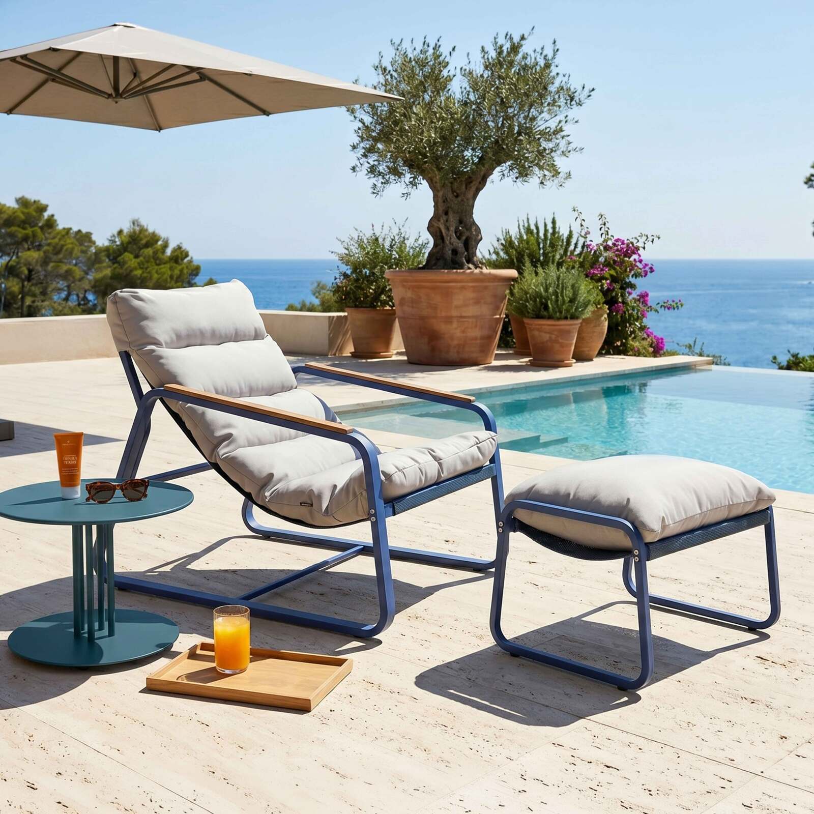 Relax Gartensessel aus Metall und Textilene mit Fußstütze