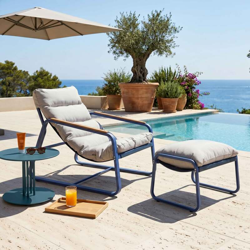 Relax Gartensessel aus Metall und Textilene mit Fußstütze