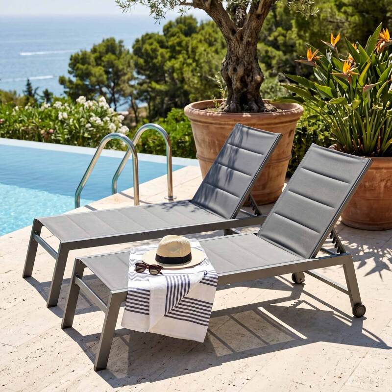 Sonnenliegen aus Aluminium und Textilene 5-fach verstellbar mit Rollen - 2er-Set