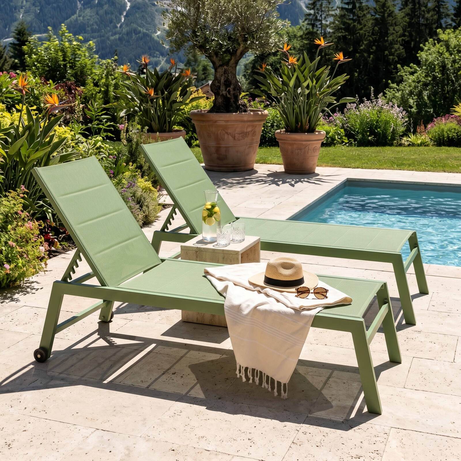 Sonnenliegen aus Aluminium und Textilene 5-fach verstellbar mit Rollen - 2er-Set
