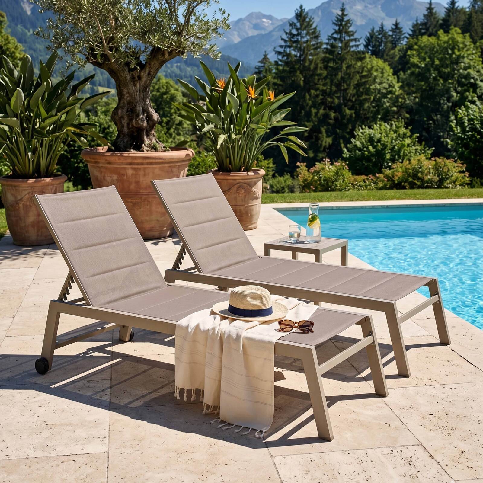 Sonnenliegen aus Aluminium und Textilene 5-fach verstellbar mit Rollen - 2er-Set