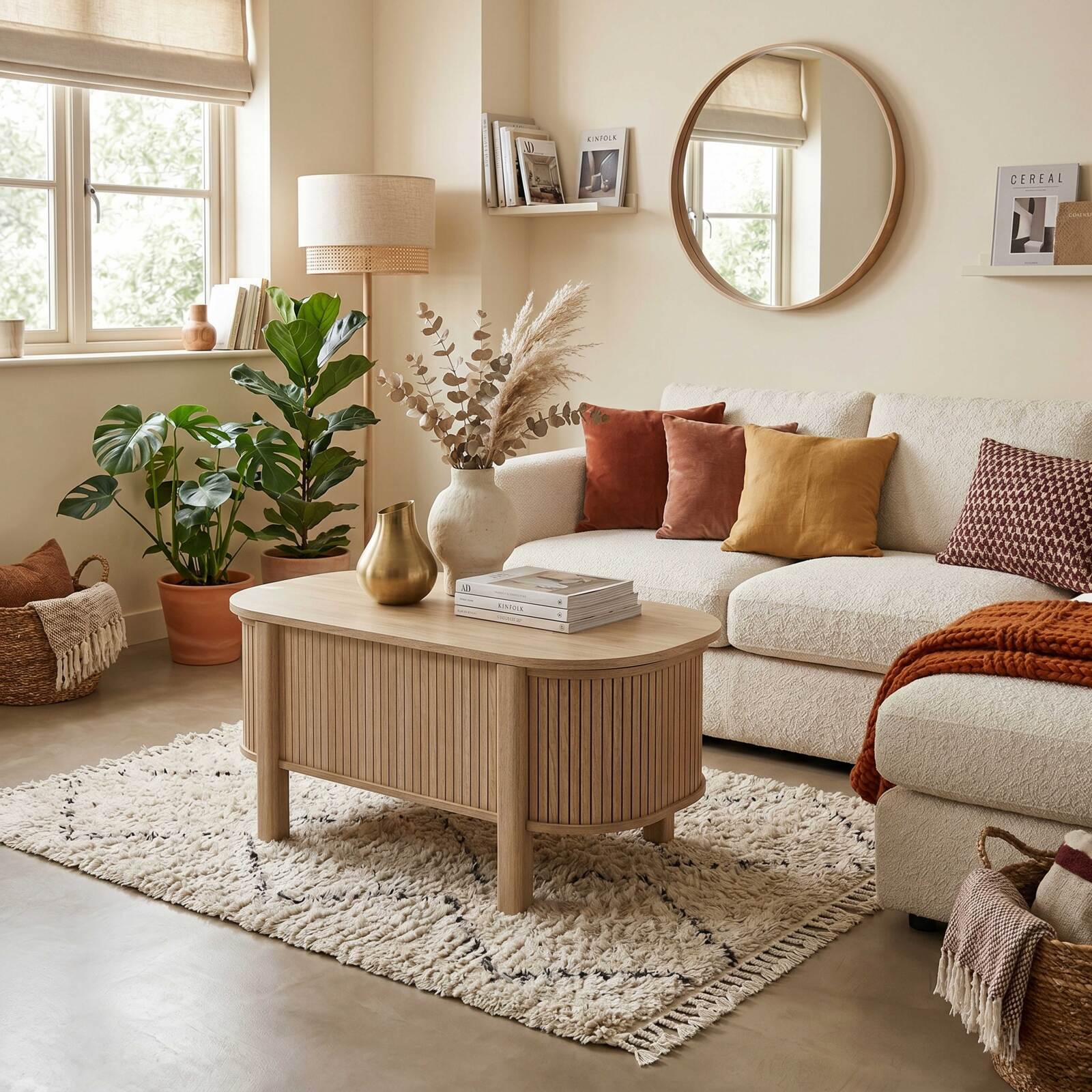 Couchtisch oval, höhenverstellbar, in Holzoptik, 100x48 cm