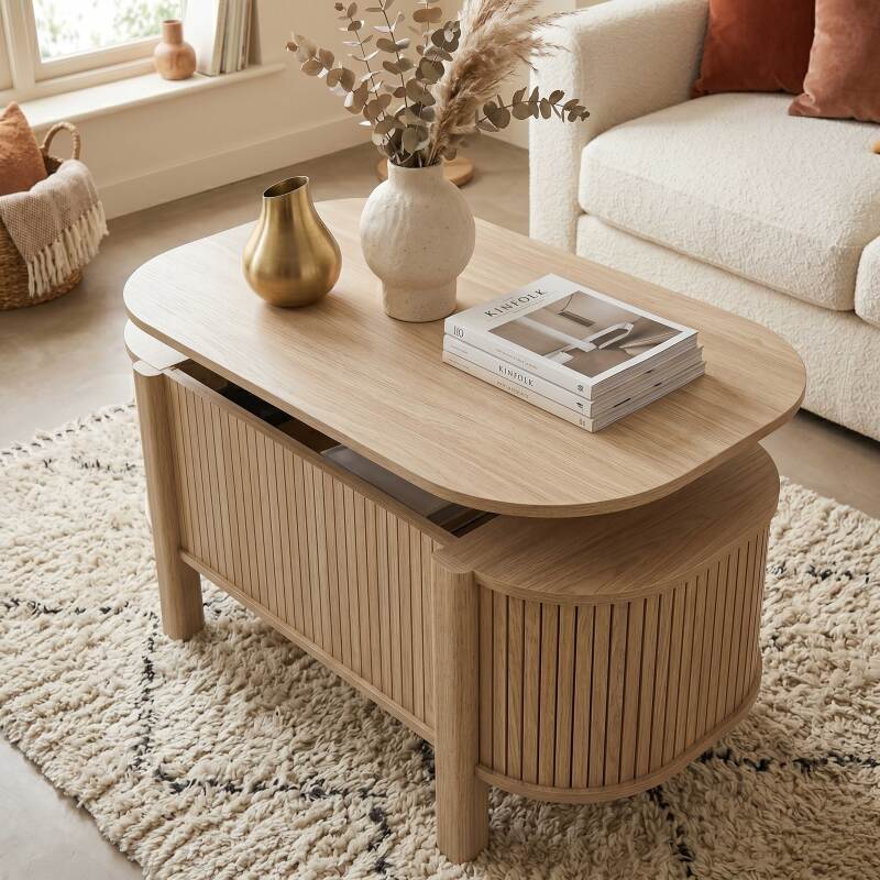 Couchtisch oval, höhenverstellbar, in Holzoptik, 100x48 cm (3/7)