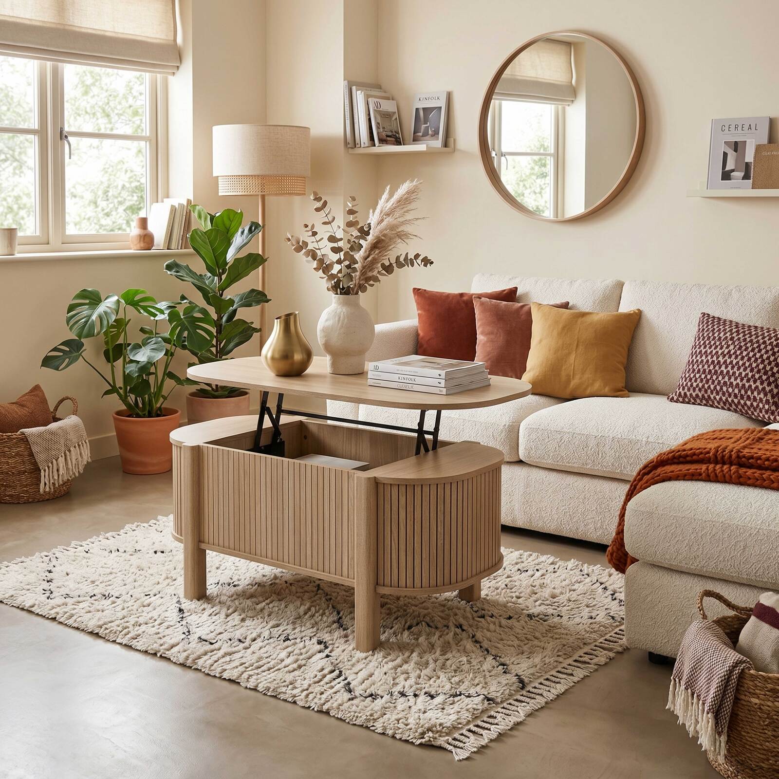 Couchtisch oval, höhenverstellbar, in Holzoptik, 100x48 cm