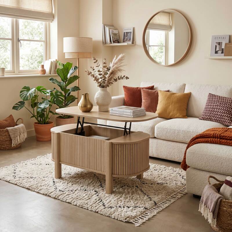 Couchtisch oval, höhenverstellbar, in Holzoptik, 100x48 cm (2/7)