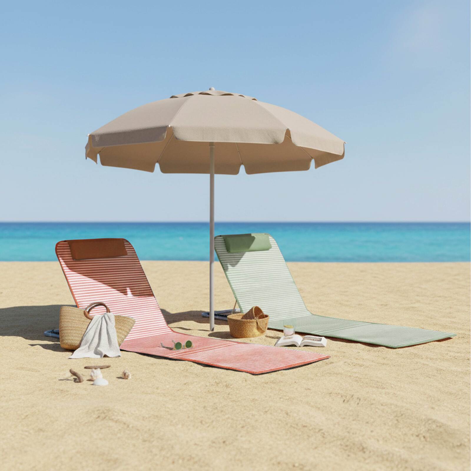 2er-Set faltbare Strandliegen, gelb und rot gestreift