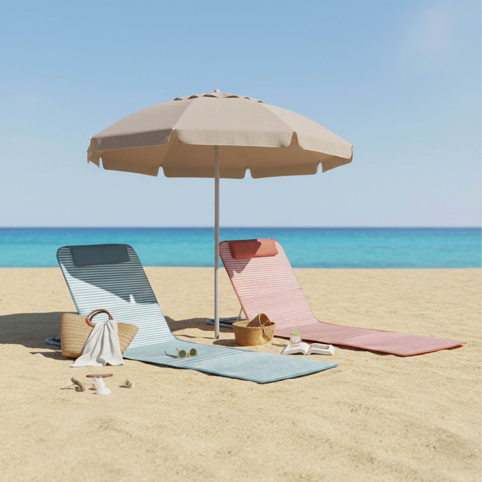 2er-Set faltbare Strandliegen, rot und grau gestreift