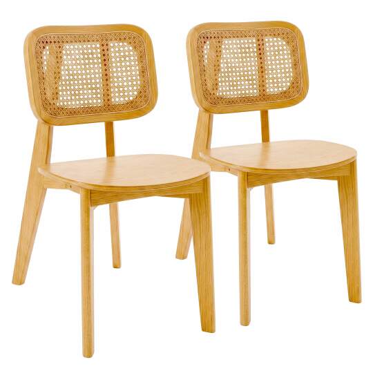 Stühle aus Ulmenholz und natürlichem Rattan mit Rückenlehne im Rohrgeflecht-Stil - 2er-Set