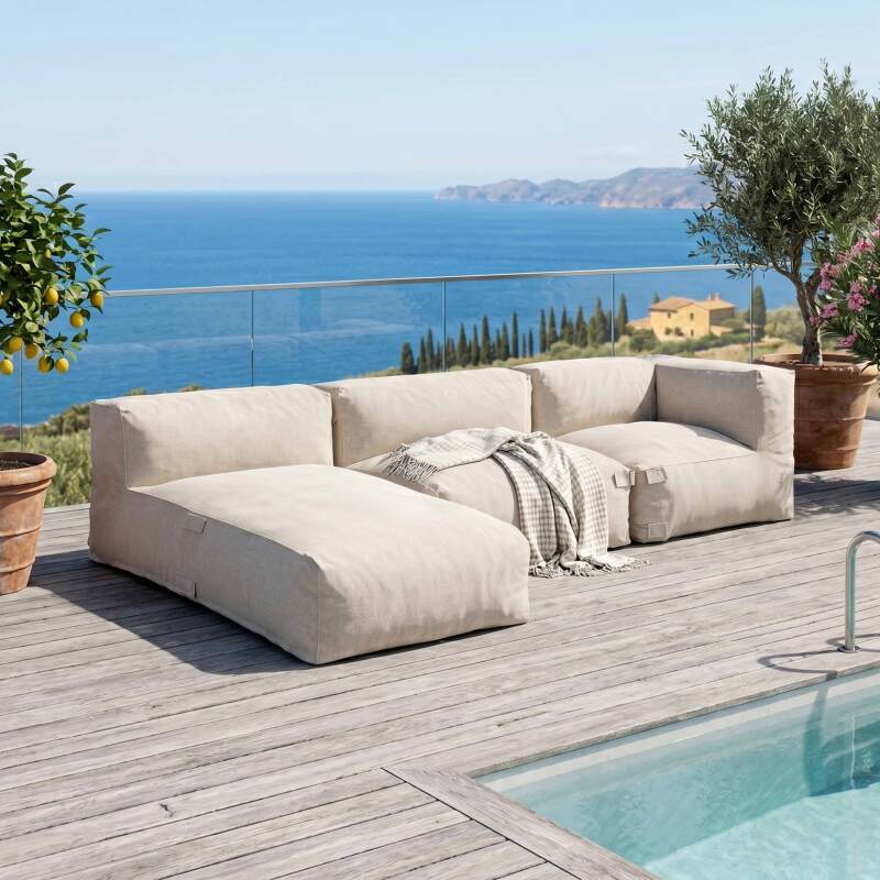 Modulare Gartenmöbel für 3 Personen bestehend aus 1 Kaminsessel, 1 Ecksessel und 1 Chaiselongue