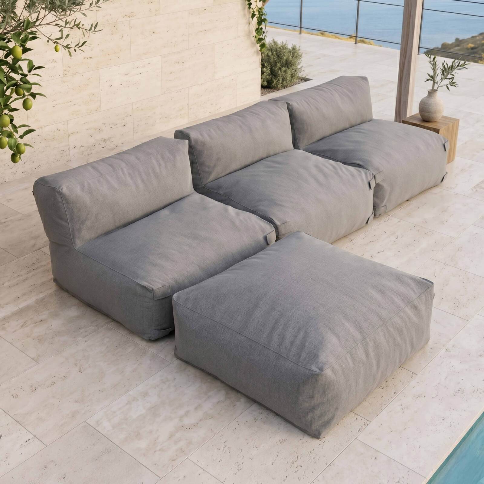 Modulare Gartenmöbel für 4 Personen bestehend aus 3 Sesseln und 1 Sitzsack
