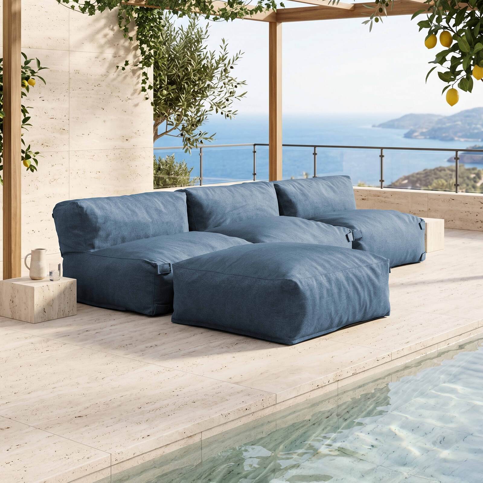 Modulare Gartenmöbel für 4 Personen bestehend aus 3 Sesseln und 1 Sitzsack
