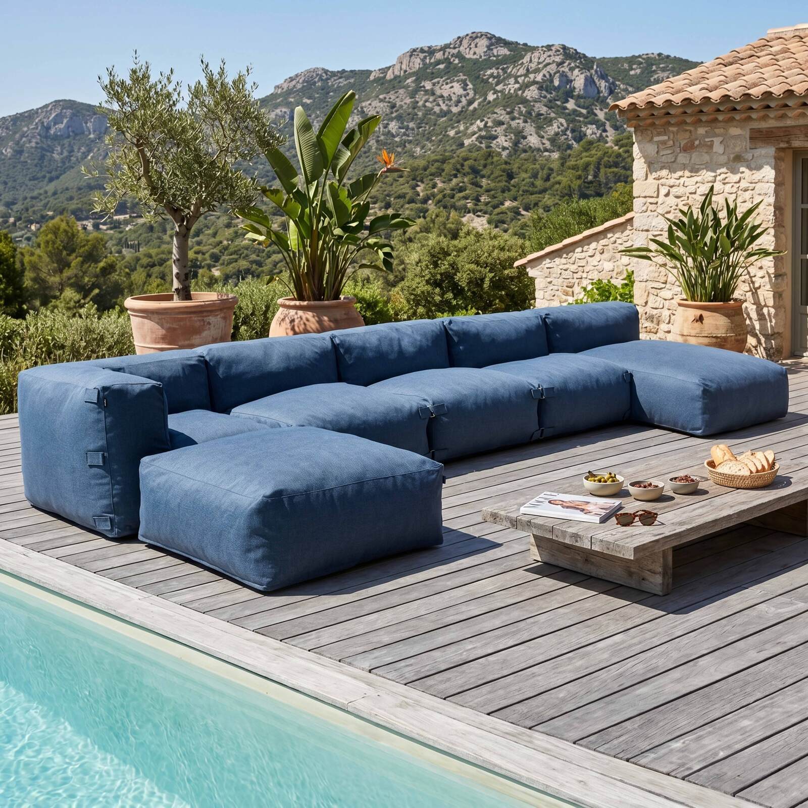 Modulare Gartenmöbel für 6 Personen bestehend aus 3 Kaminstühlen, 1 Ecksessel, 1 Chaiselongue und 1 Sitzsack