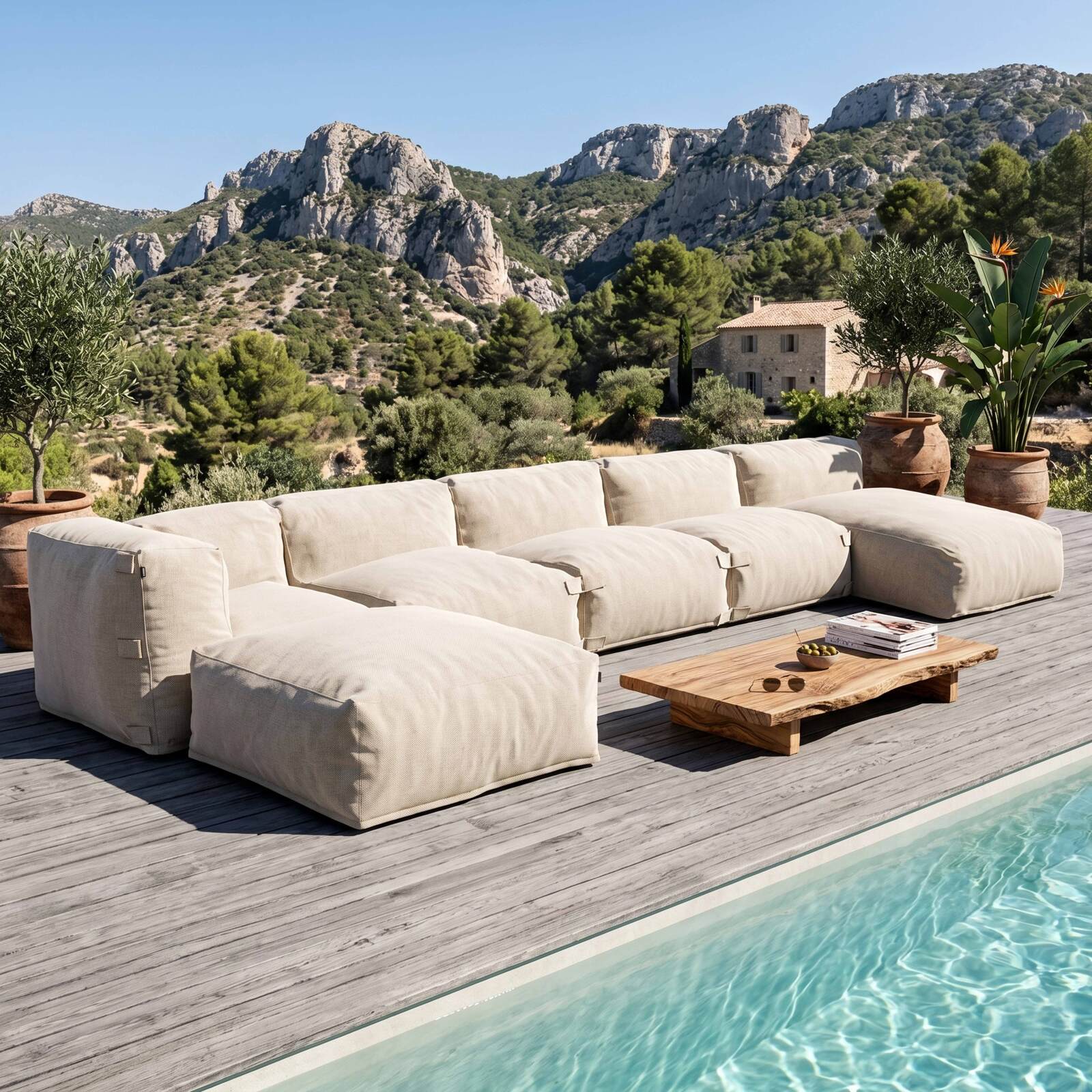 Modulare Gartenmöbel für 6 Personen bestehend aus 3 Kaminstühlen, 1 Ecksessel, 1 Chaiselongue und 1 Sitzsack