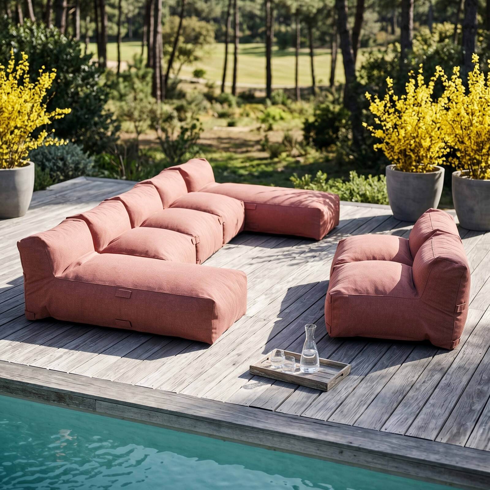 Modulare Gartenmöbel für 7 Personen bestehend aus 5 Sesseln und 2 Chaiselongues