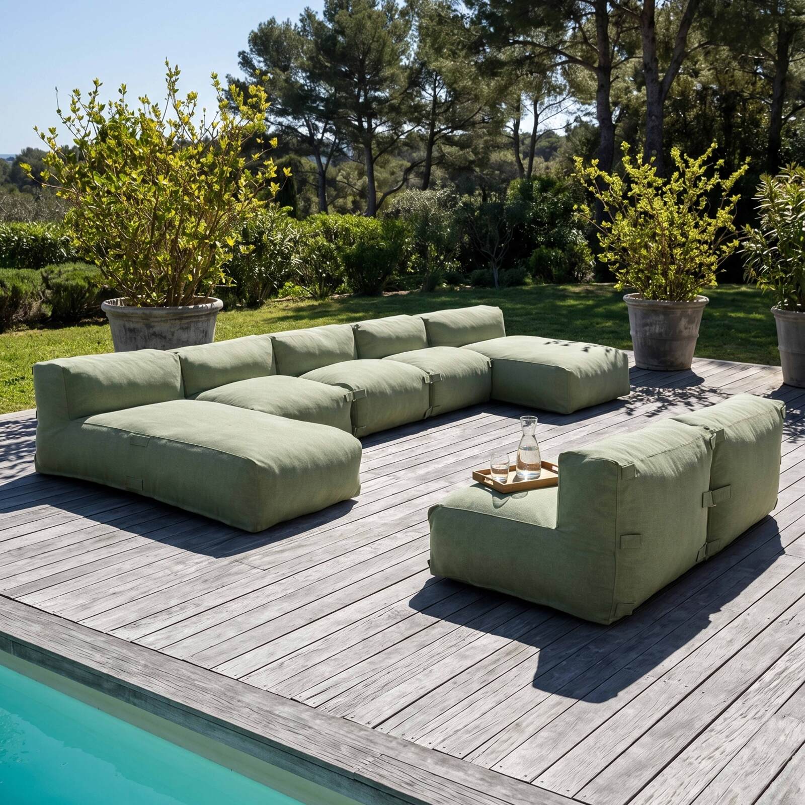 Modulare Gartenmöbel für 7 Personen bestehend aus 5 Sesseln und 2 Chaiselongues