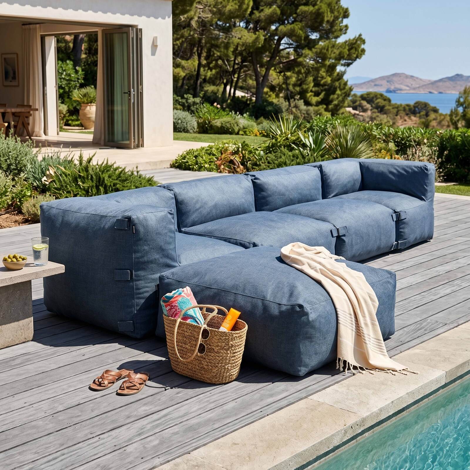 Modulare Gartenmöbel für 5 Personen bestehend aus 2 niedrigen Sesseln, 2 Ecksesseln und 1 Sitzsack