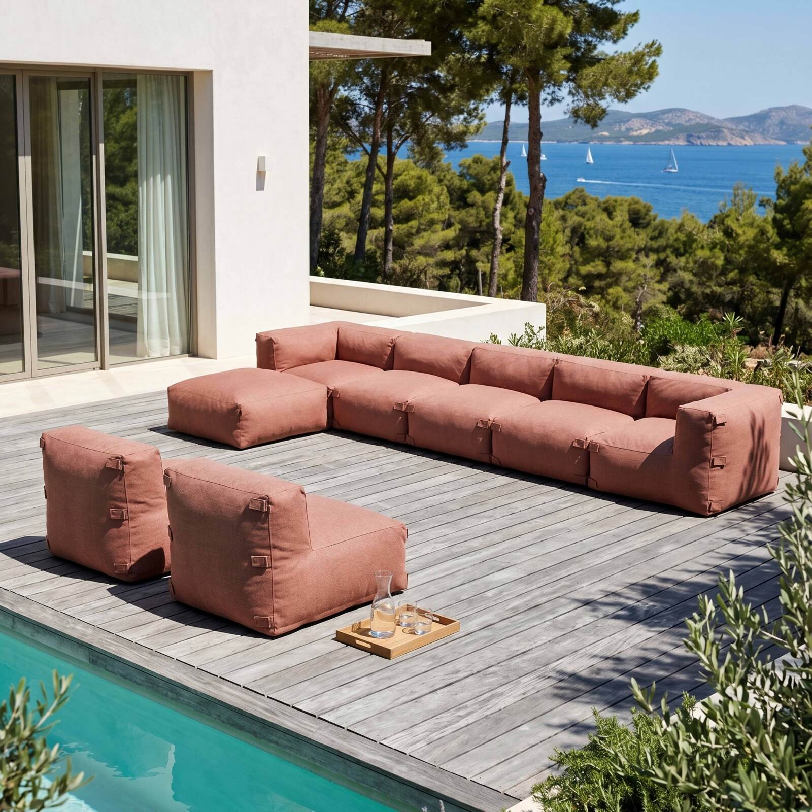 Modulare Gartenmöbel für 8 Personen bestehend aus 5 Sesseln, 2 Ecksesseln und 1 Sitzsack