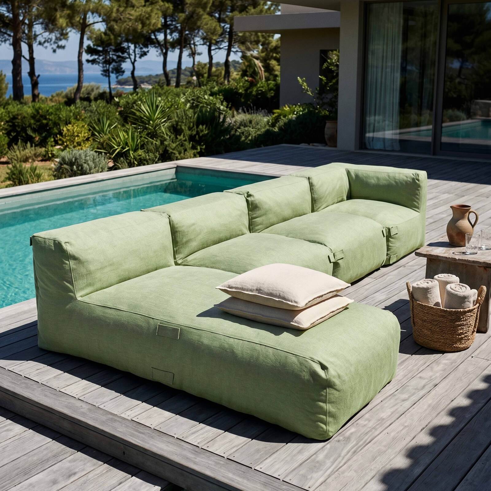 Modulare Gartenmöbel für 4 Personen bestehend aus 2 Kaminstühlen, 1 Ecksessel und 1 Chaiselongue