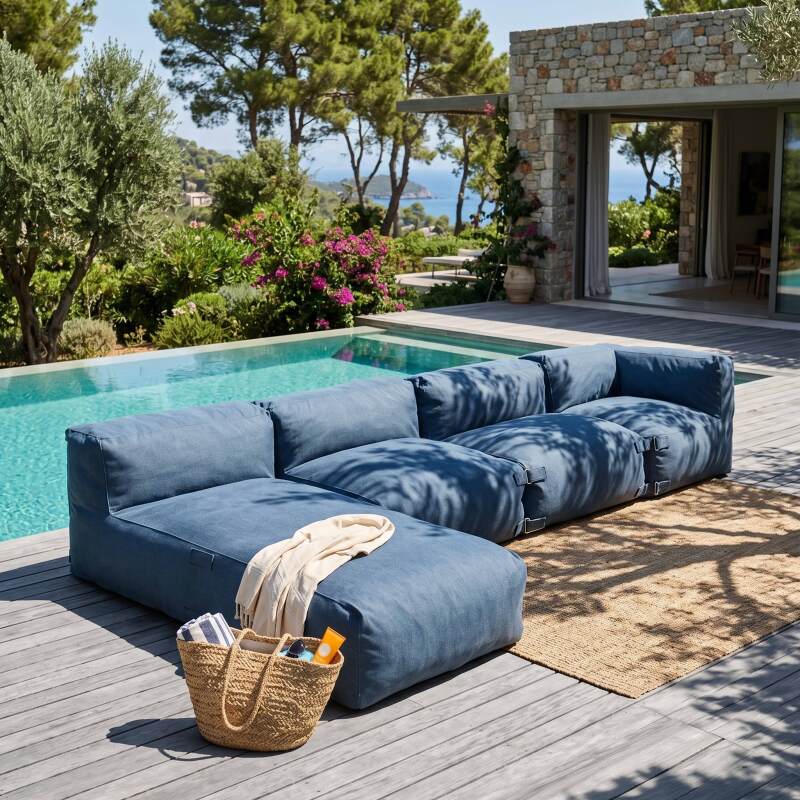 Modulare Gartenmöbel für 4 Personen bestehend aus 2 Kaminstühlen, 1 Ecksessel und 1 Chaiselongue