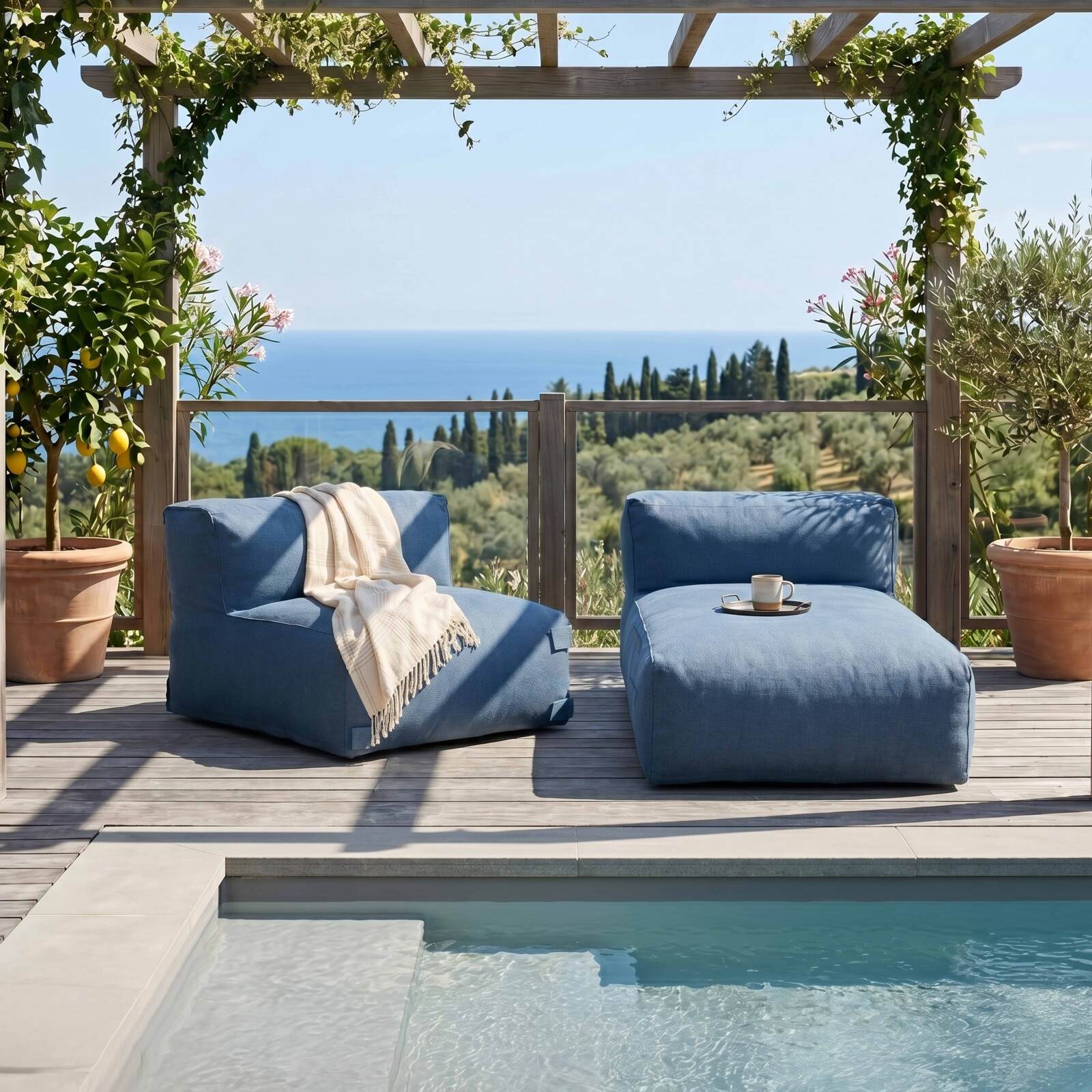 Modulare Gartenmöbel für 2 Personen bestehend aus 1 Sessel und 1 Chaiselongue