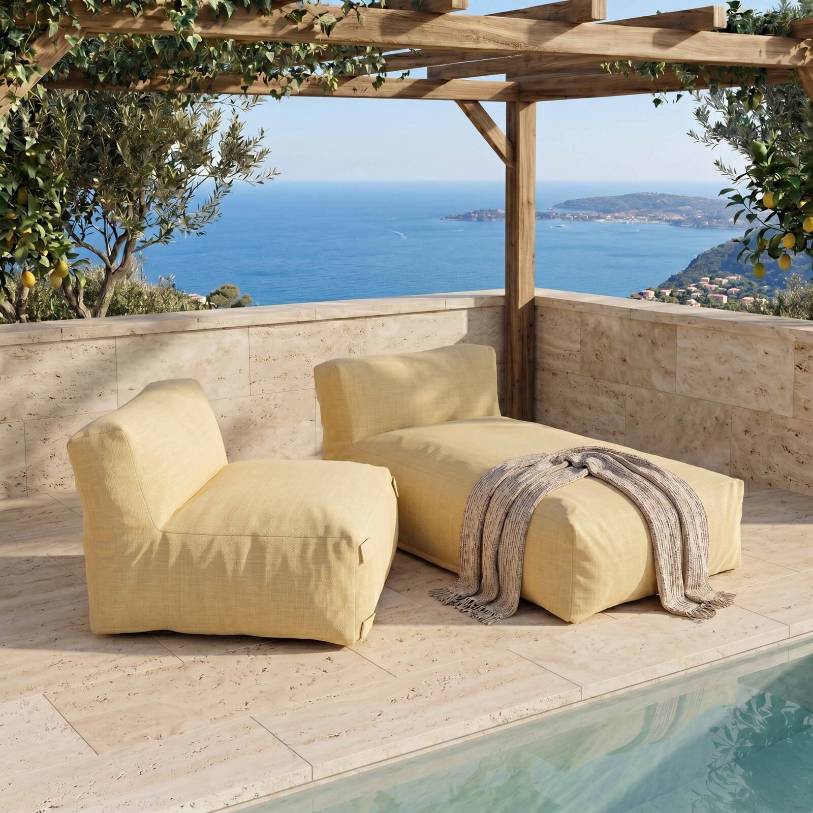 Modulare Gartenmöbel für 2 Personen bestehend aus 1 Sessel und 1 Chaiselongue
