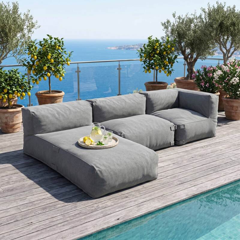 Modulare Gartenmöbel für 3 Personen bestehend aus 1 Kaminsessel, 1 Ecksessel und 1 Chaiselongue - Lifestyle