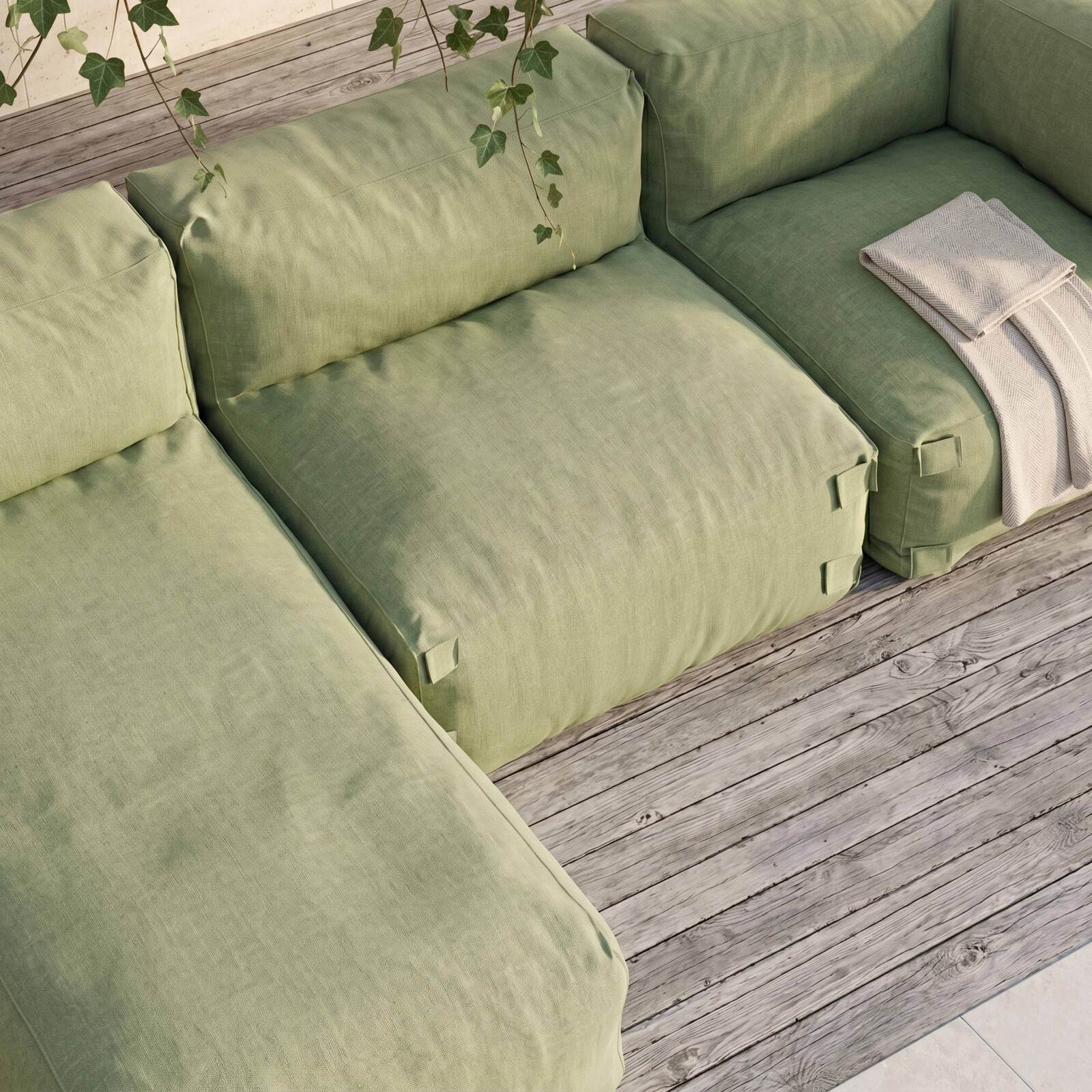 Modulare Gartenmöbel für 3 Personen bestehend aus 1 Kaminsessel, 1 Ecksessel und 1 Chaiselongue