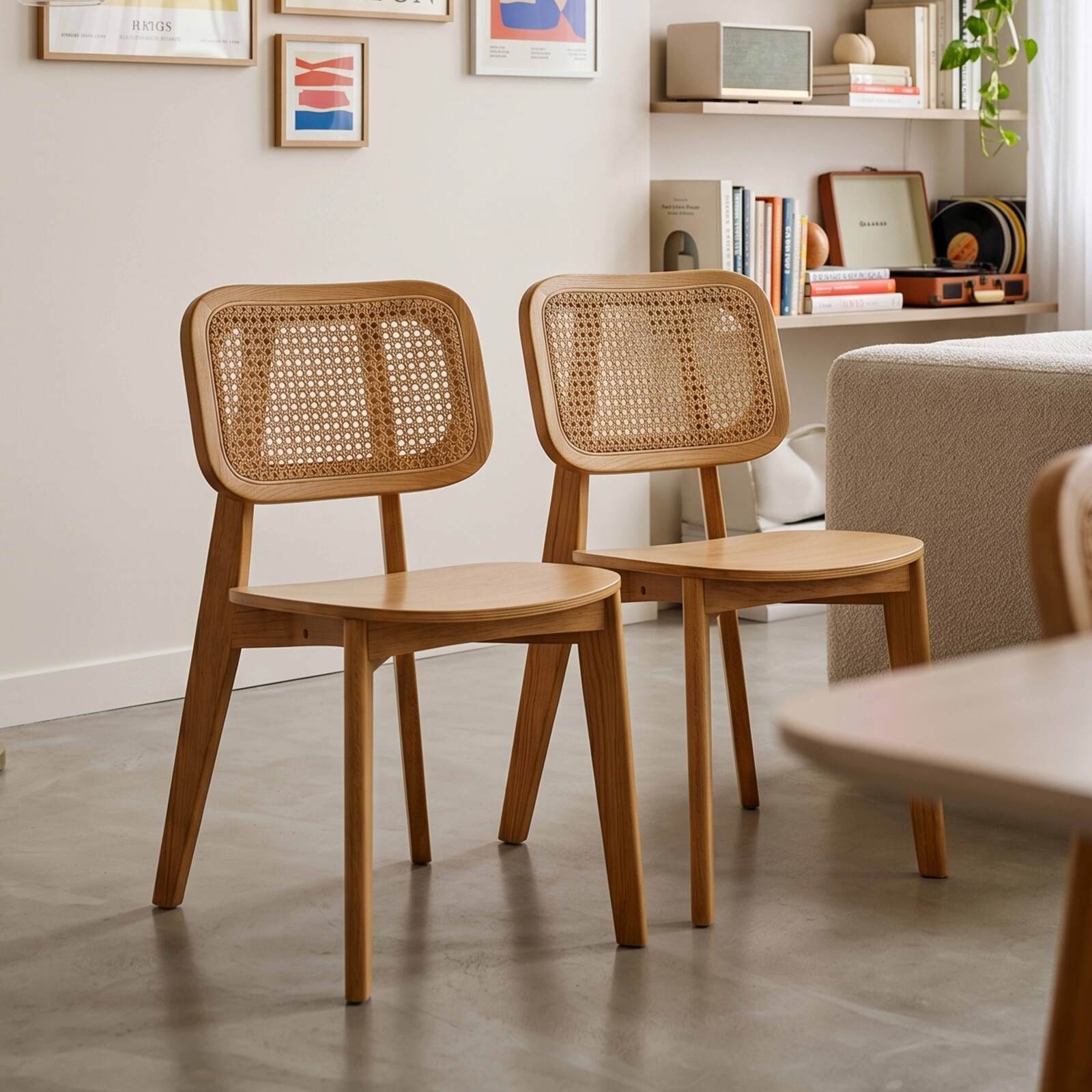 Stühle aus Ulmenholz und natürlichem Rattan mit Rückenlehne im Rohrgeflecht-Stil - 2er-Set